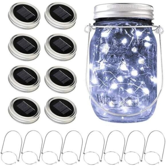Solar Mason Jar Lights, 8 Pack 15 LED Waterproof Fairy Firefly Jar Lids String - Picture 1 of 7